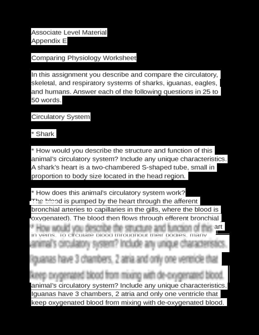 Solution  Bio 100 Appendix E Comparing Physiology Worksheet