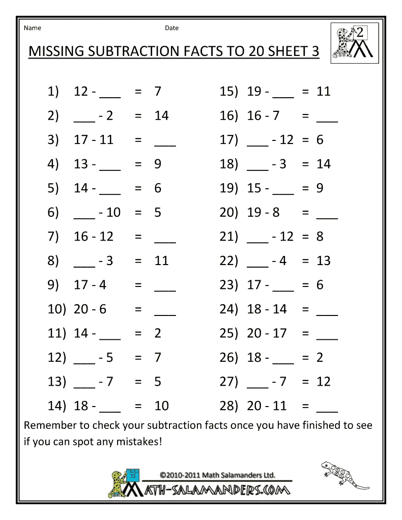 Subtraction Facts Worksheet Missing To 20 3 Mixed Addition And