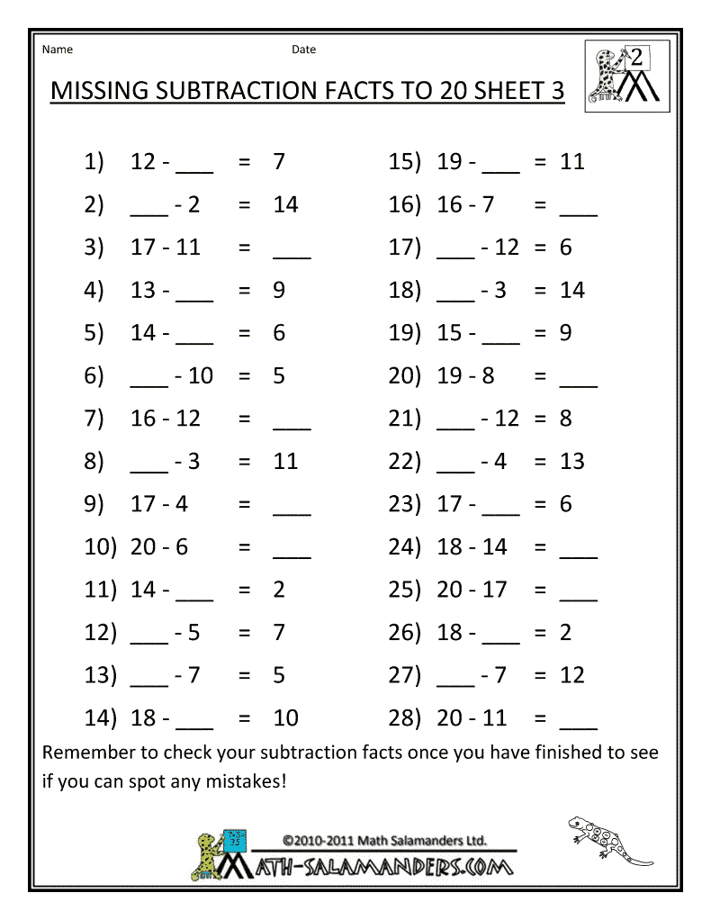 Subtraction Facts Worksheet Missing To 20 3 Works