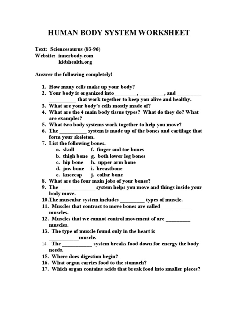 Systems Of The Human Body Worksheet Worksheets For All