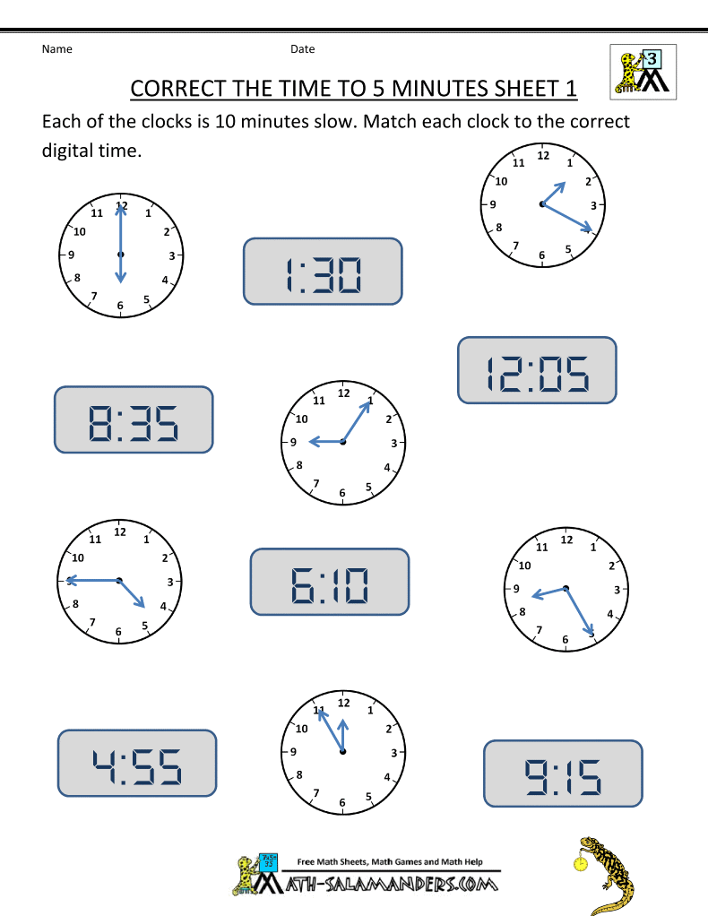 Telling Time Clock Worksheets To 5 Minutes