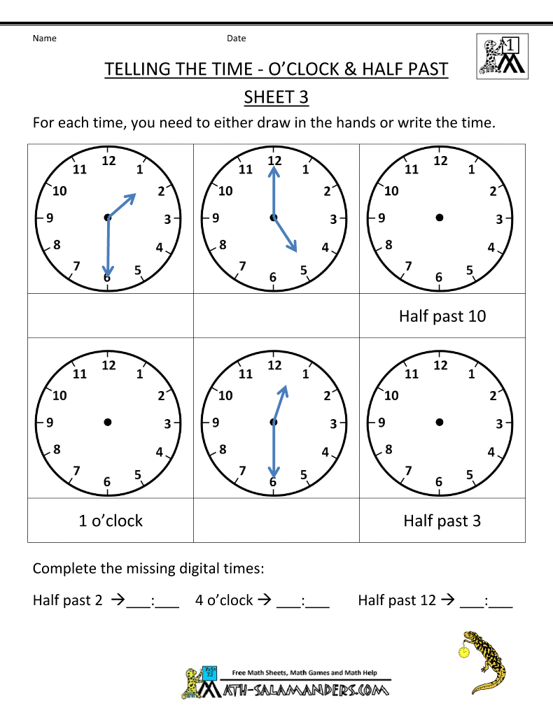 Telling Time Worksheets Oclock And Half Past Maths Duration