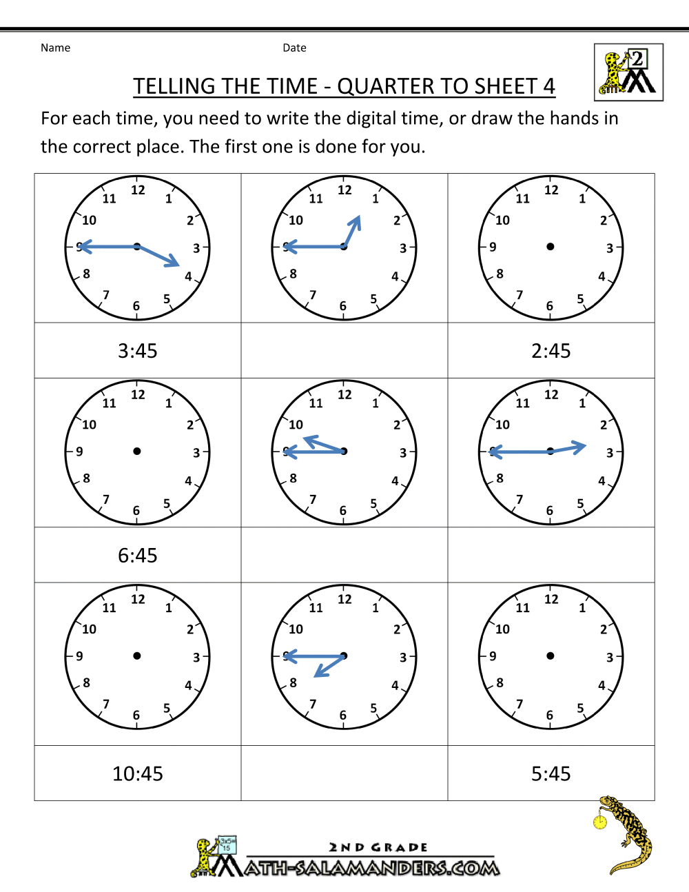 Time Worksheet Telling The Time Quarter To 4