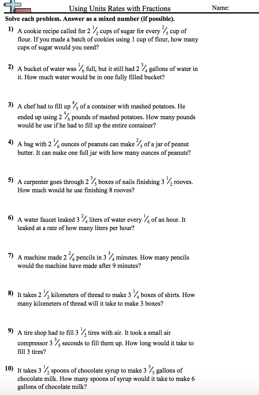 Unit Rates Involving Fractions Worksheet