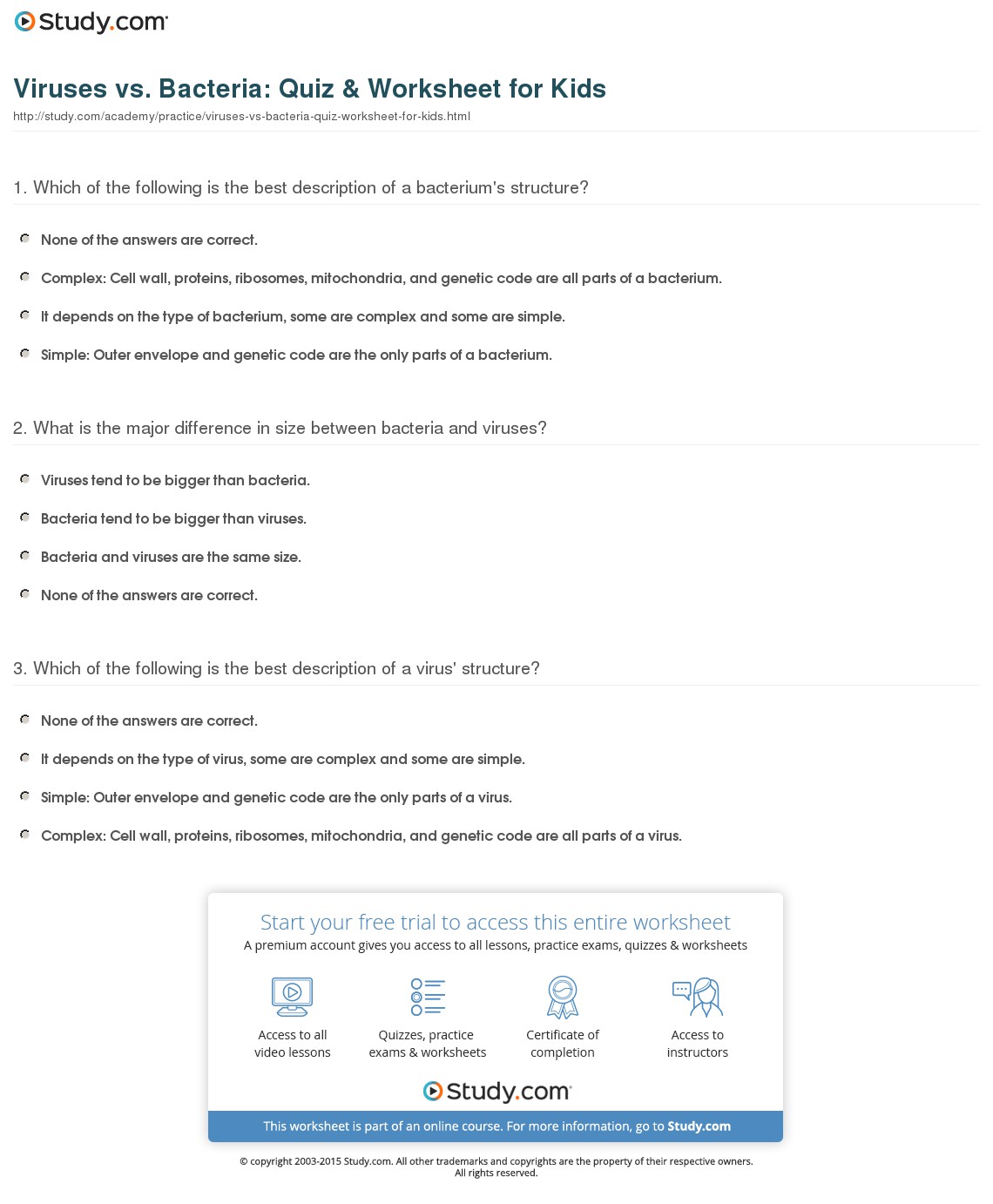 Viruses Vs  Bacteria  Quiz & Worksheet For Kids