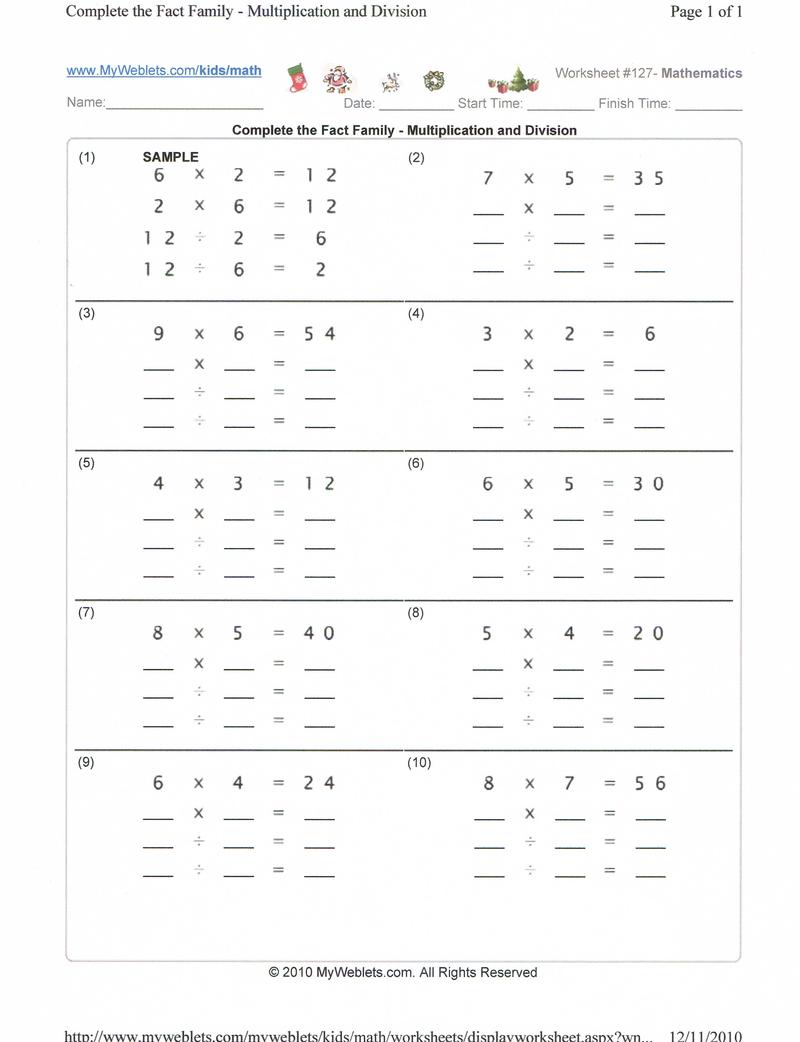 Worksheets For Multiplication And Division Fact Families
