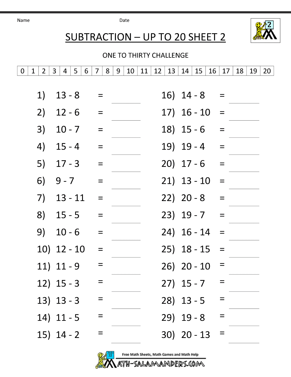 2nd Grade Math Worksheets Mental Subtraction To 20 2