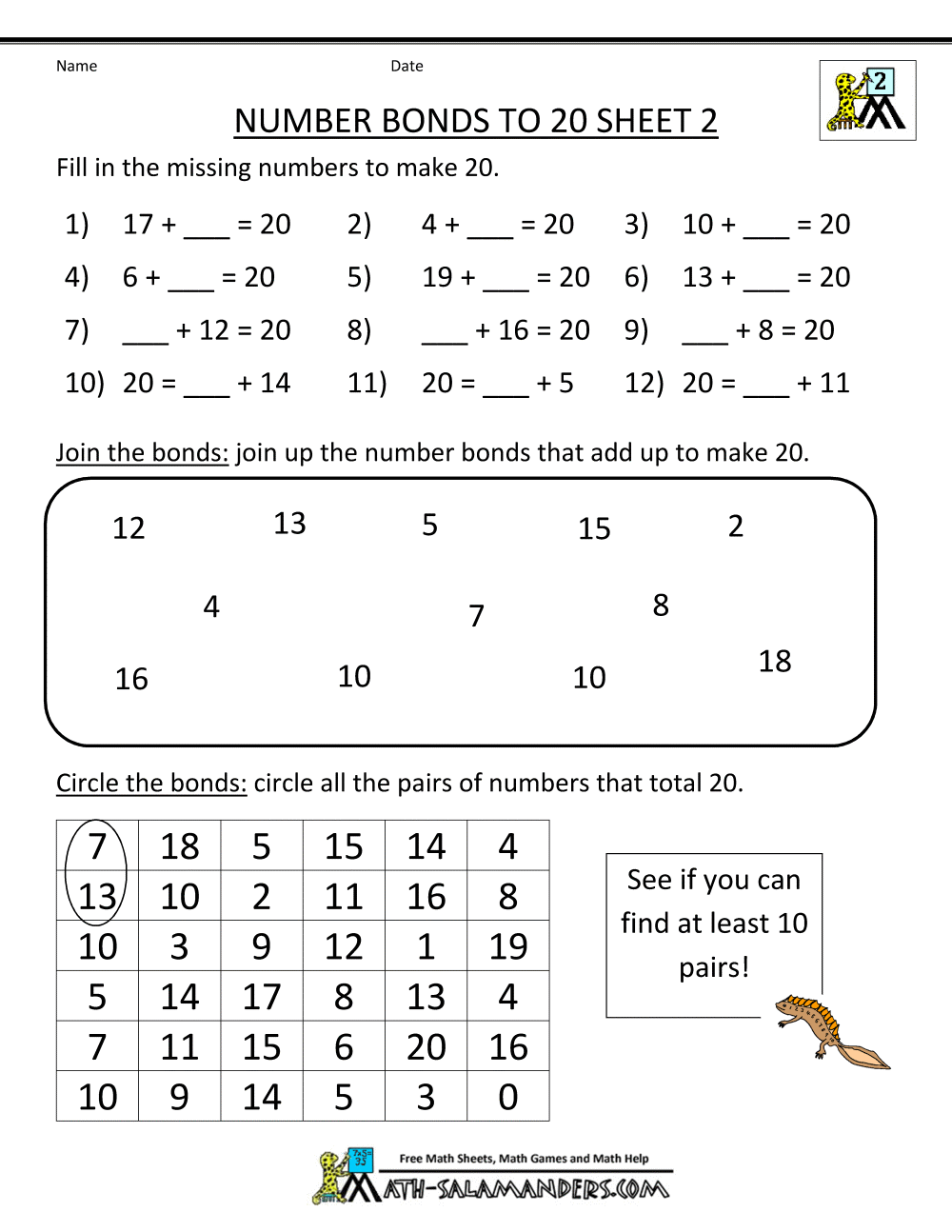 2nd Grade Math Worksheets Number Bonds To 20 2
