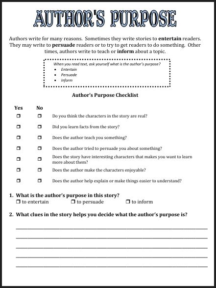 2nd Grade Worksheets Author's Purpose