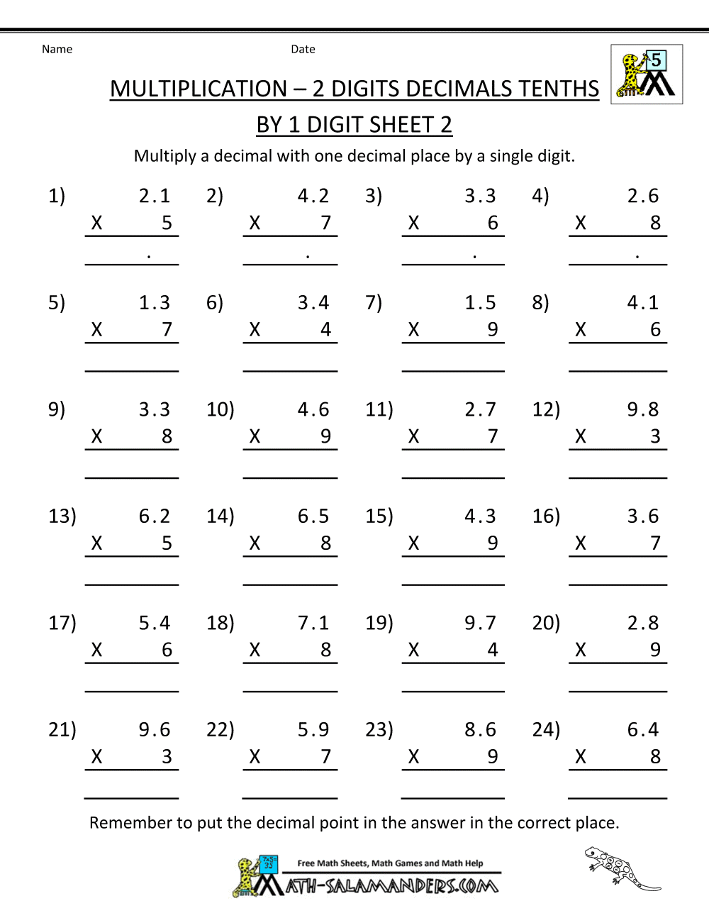 7+ Decimal Multiplication Worksheet