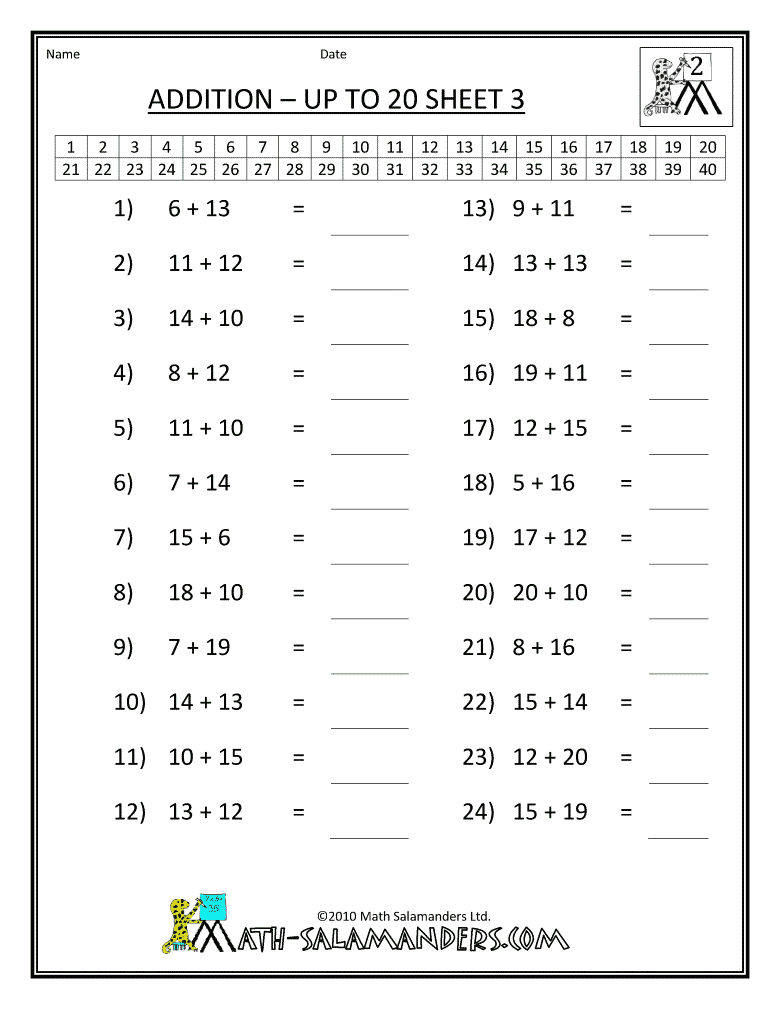 Addition Worksheets Up To 20