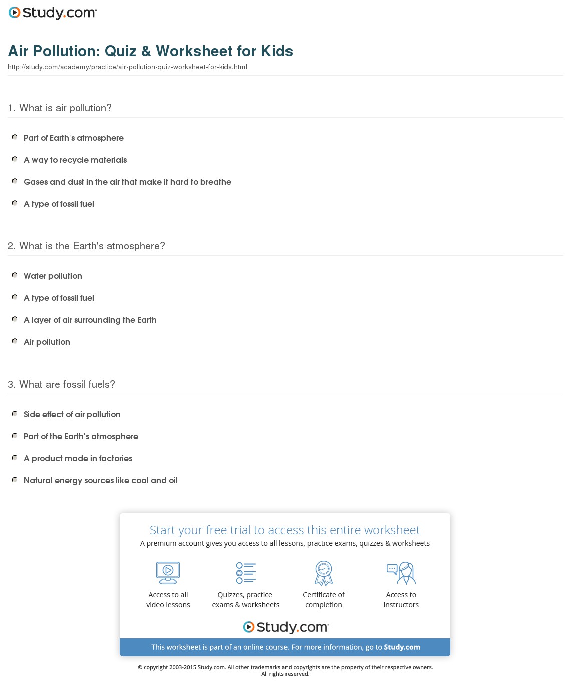 Air Pollution  Quiz & Worksheet For Kids