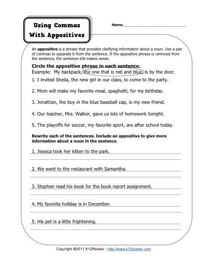 Appositive Worksheet