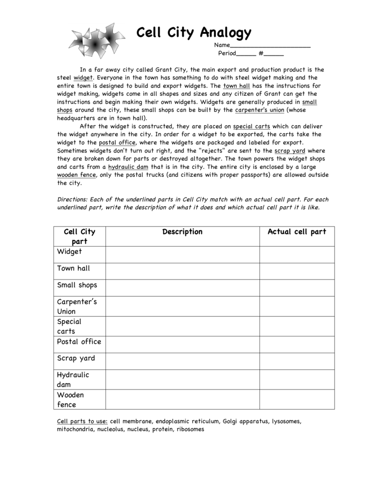 Cell City Analogy Key Worksheets For All