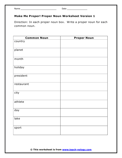 Common And Proper Nouns Worksheets For Kindergarten