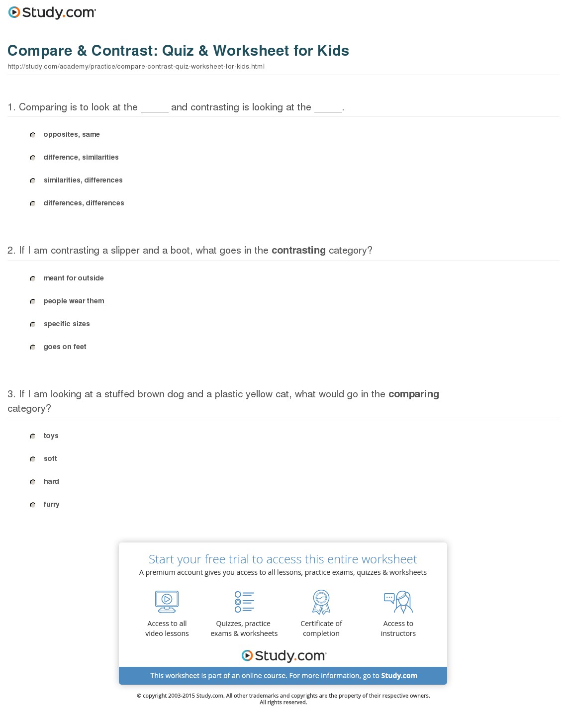 Compare & Contrast  Quiz & Worksheet For Kids