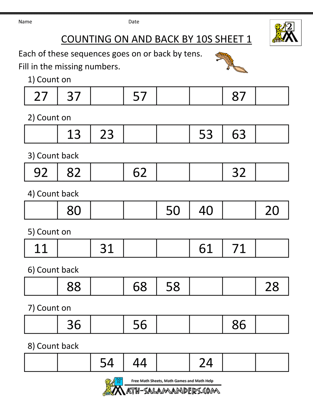 Count By Tens Worksheets
