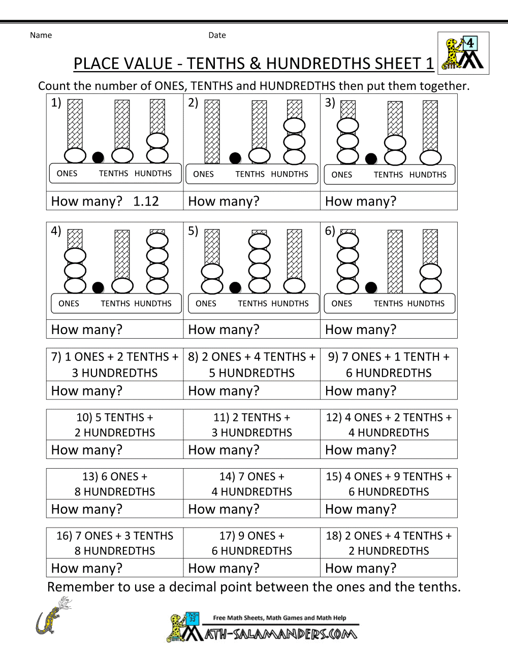 Decimal Place Value Worksheets 4th Grade