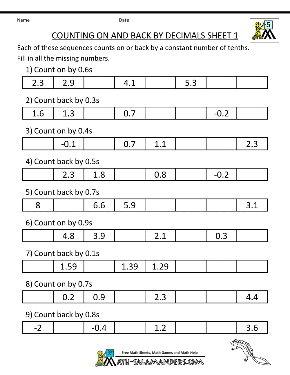 Decimals  Worksheets On Decimals For Grade Math 5th Counting And