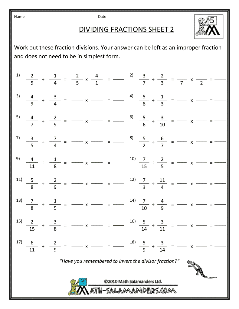 Division Of Fractions Worksheets For 5th Grade