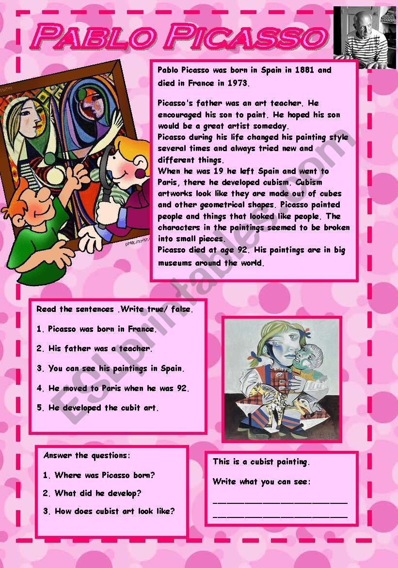 English Worksheets  Pablo Picasso
