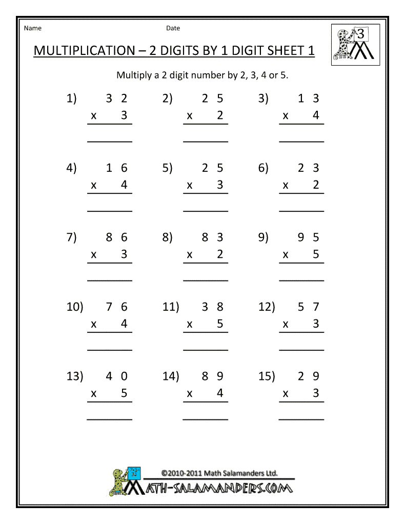 Free 3rd Grade Math Worksheets Multiplication 2 Digits By 1 Digit