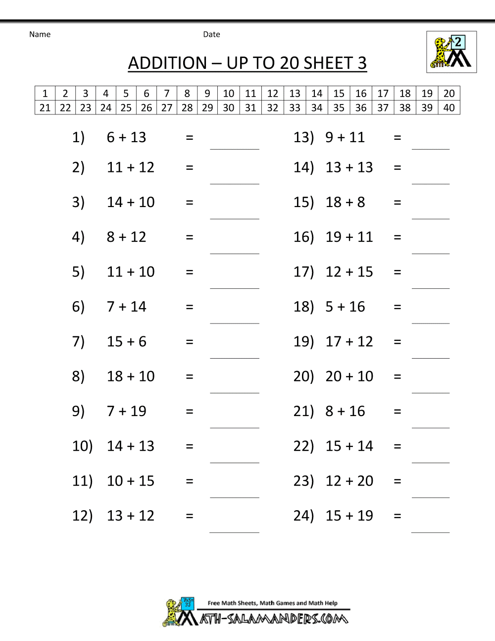 Free Addition Worksheets Mental Addition To 20 3