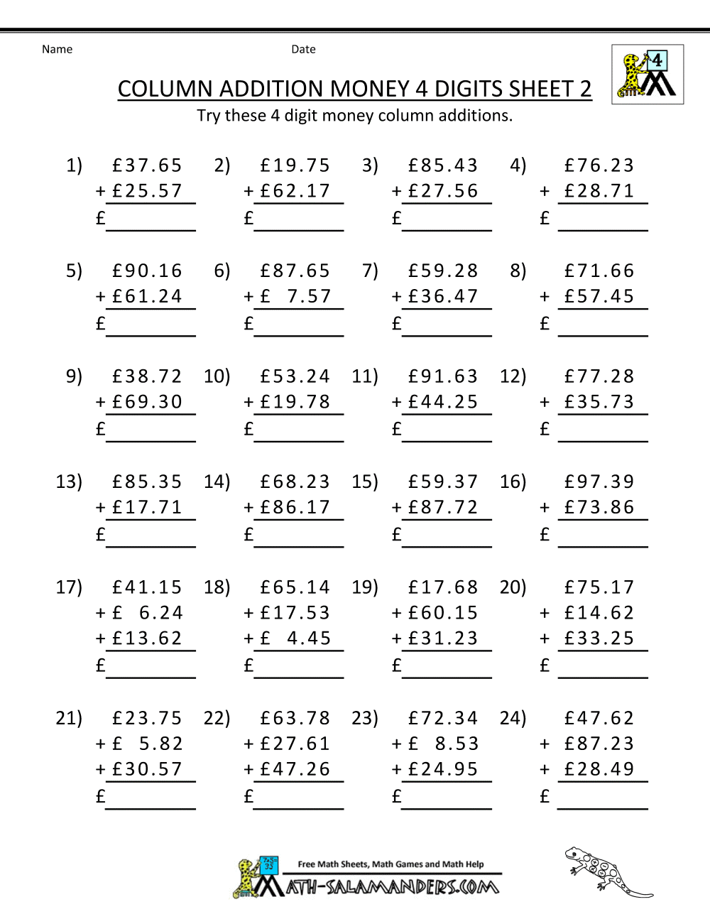 Free Printable Money Worksheets (Â£)