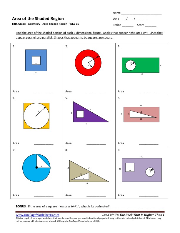 Area Of Shaded Region Worksheets