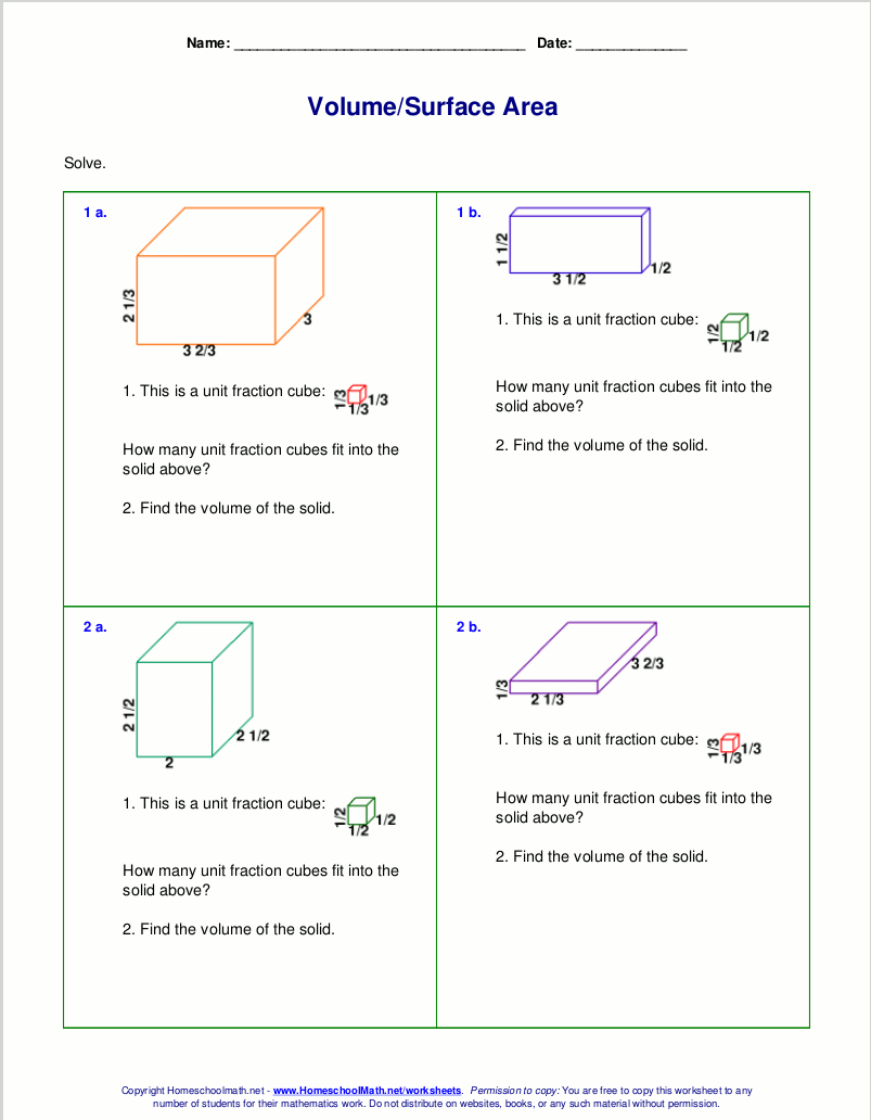 Free Worksheets For The Volume And Surface Area Of Cubes