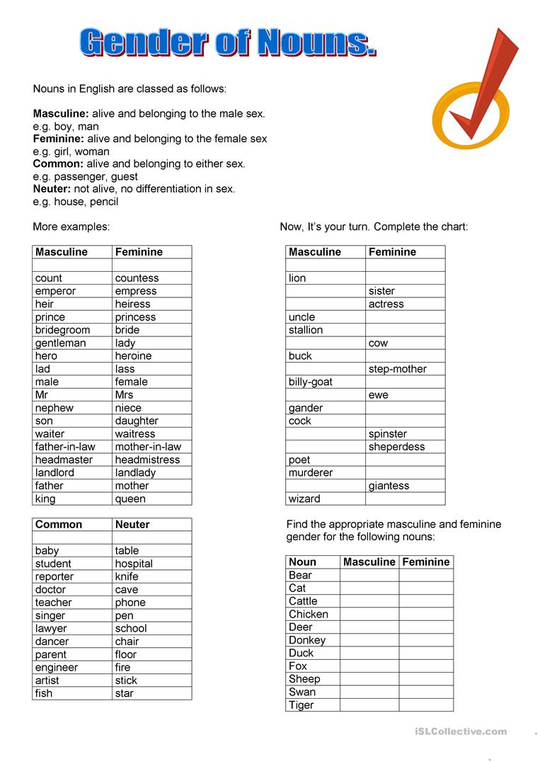 Gender Of Nouns Worksheet