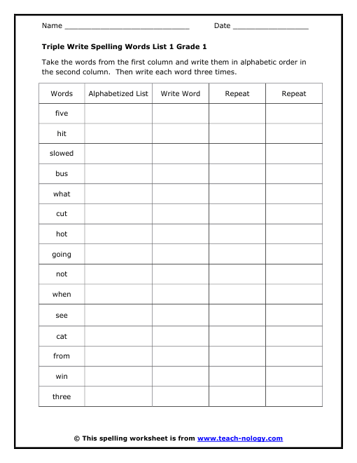 Grade 1 Spelling Worksheets