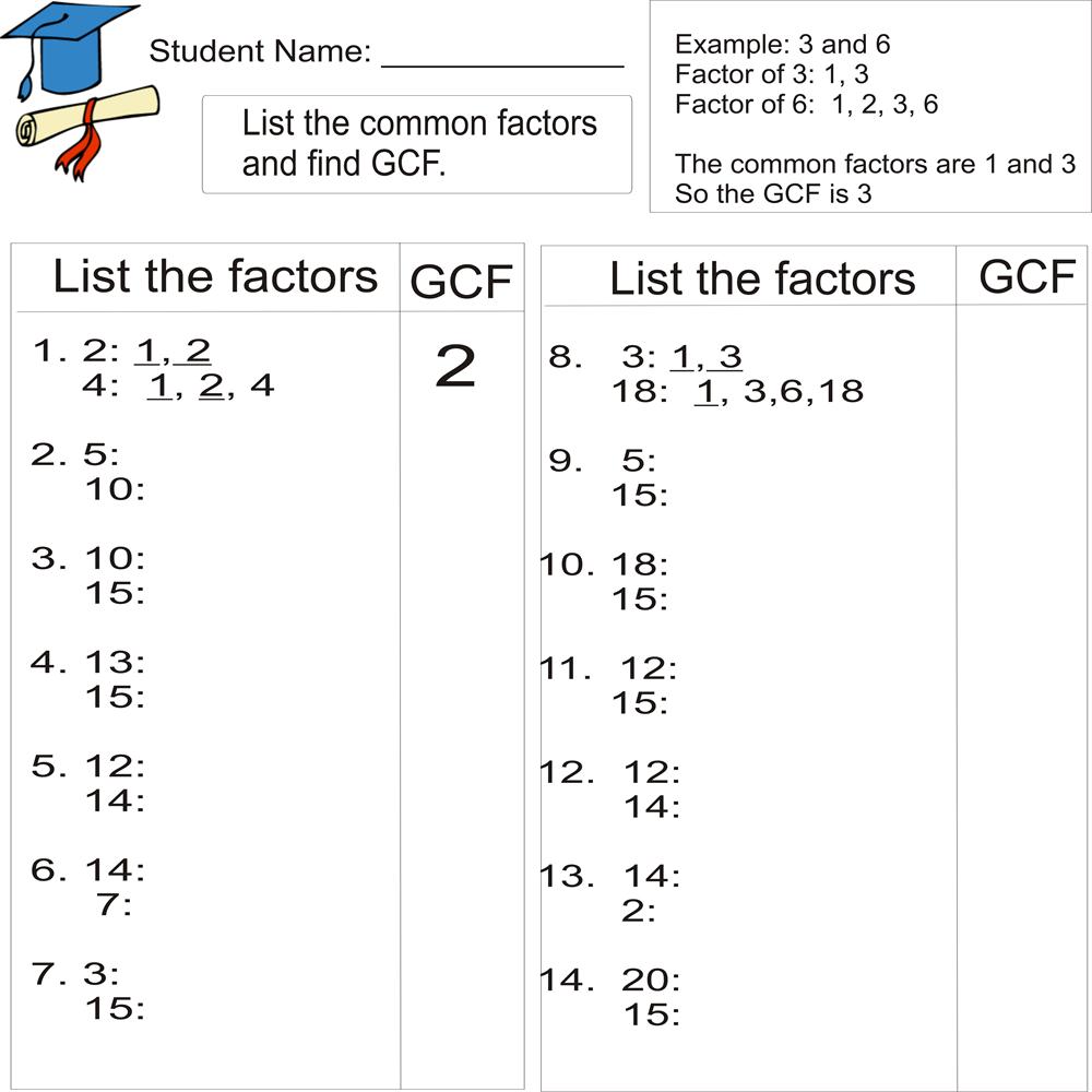 Greatest Common Factor 1to 20 (from Study Village Website