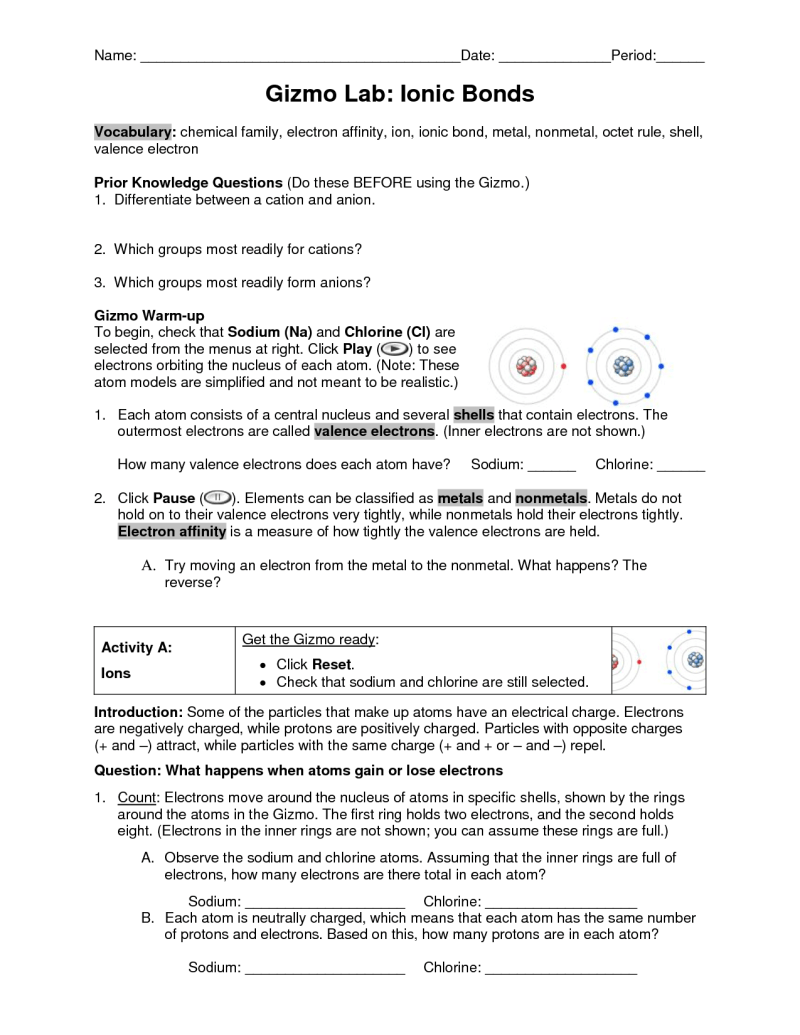 Ionic Bonds Worksheet Answers
