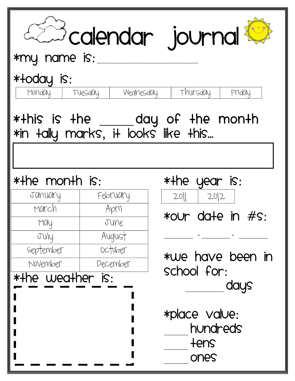 Kindergarten Calendar Activities Worksheets