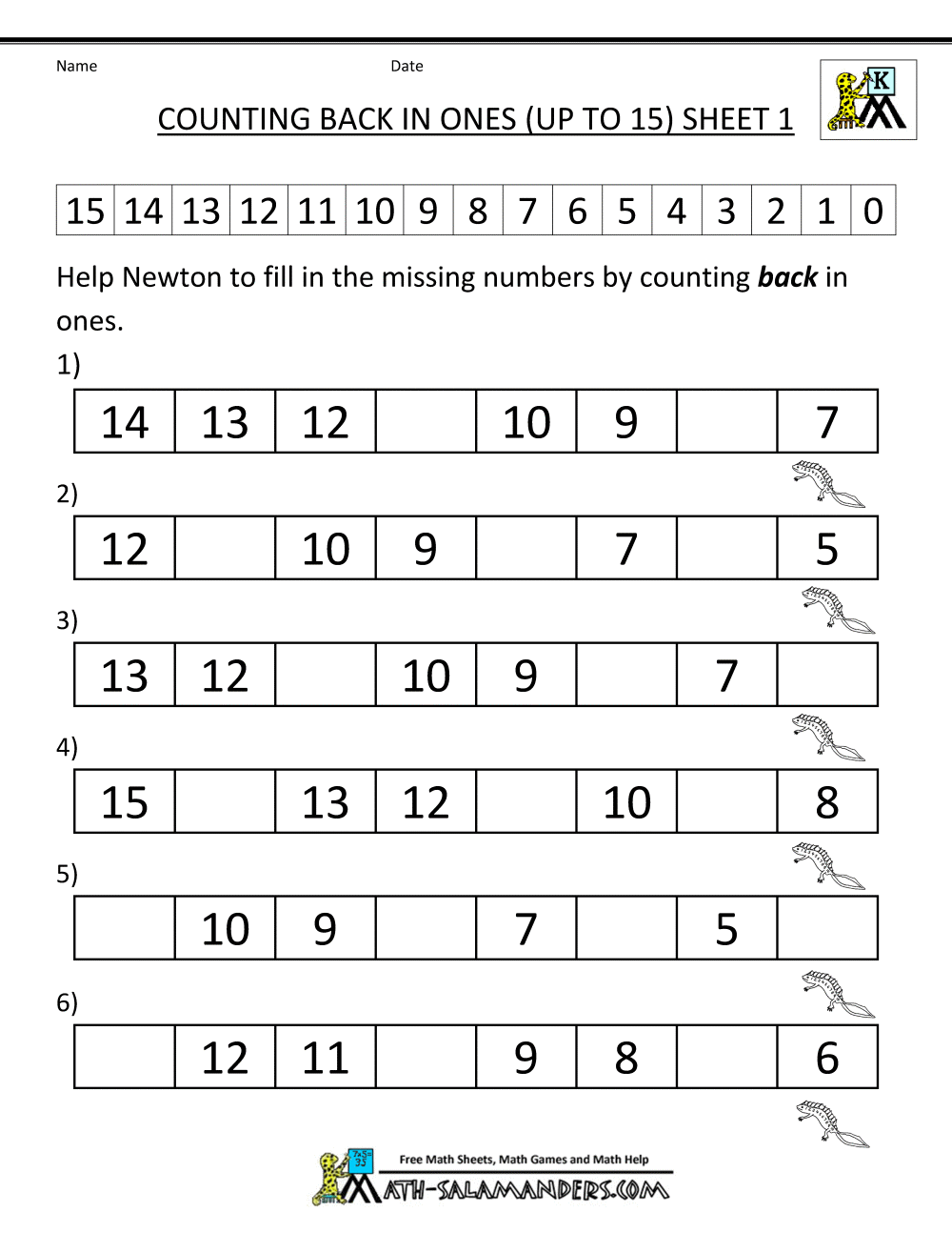 Kindergarten Worksheets Counting Backwards