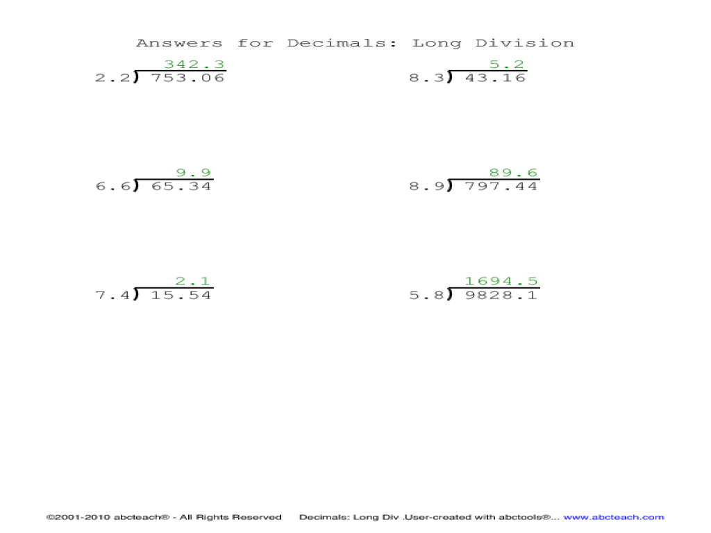Long Division Worksheets With Decimals For All Decimal K