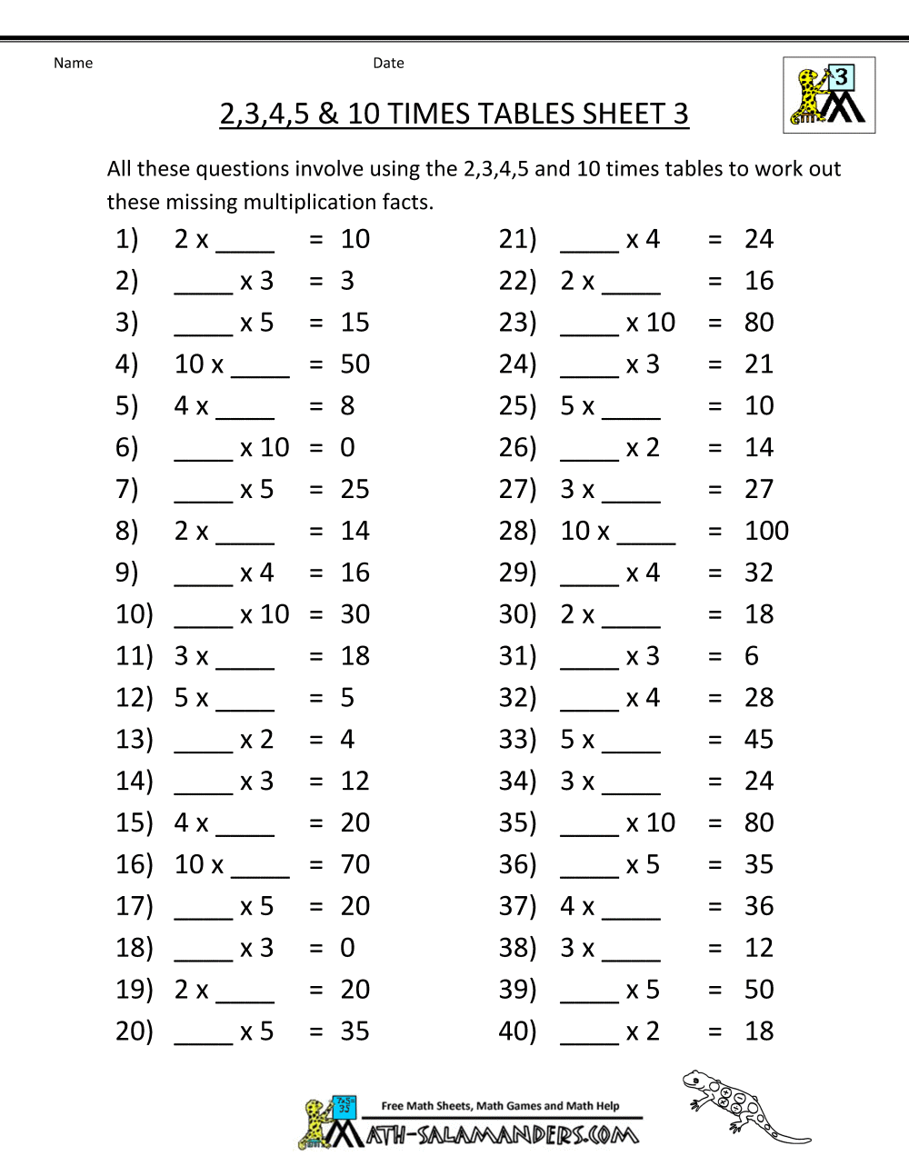 Math Worksheets 3rd Grade Multiplication 2 3 4 5 10 Times Tables 3