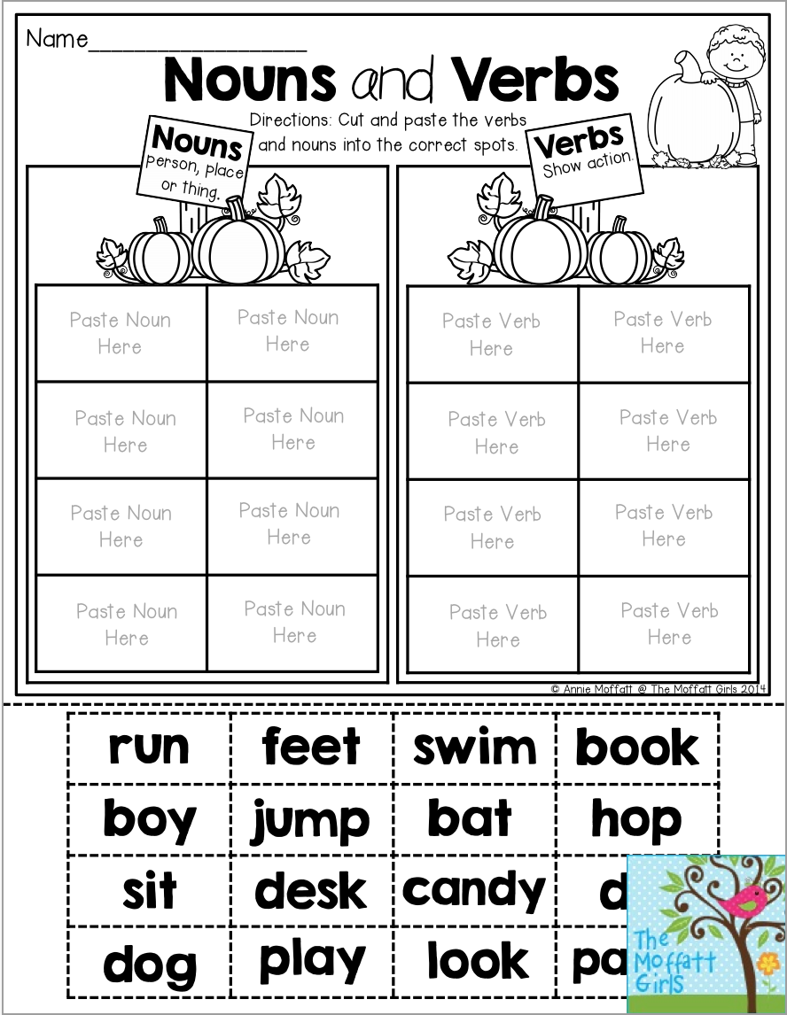 Nouns And Verbs Cut Paste The Words Into Correct Pumpkin
