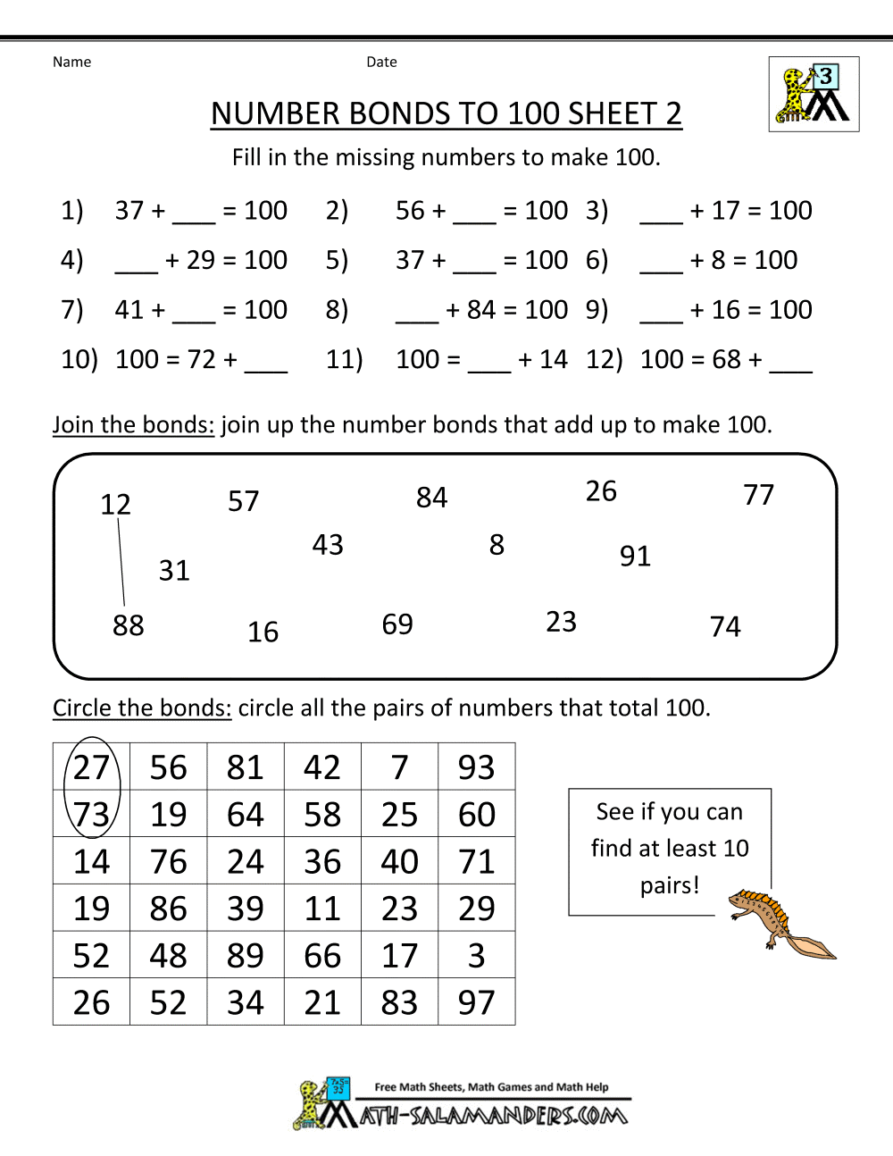 Number Bonds Worksheet To 10