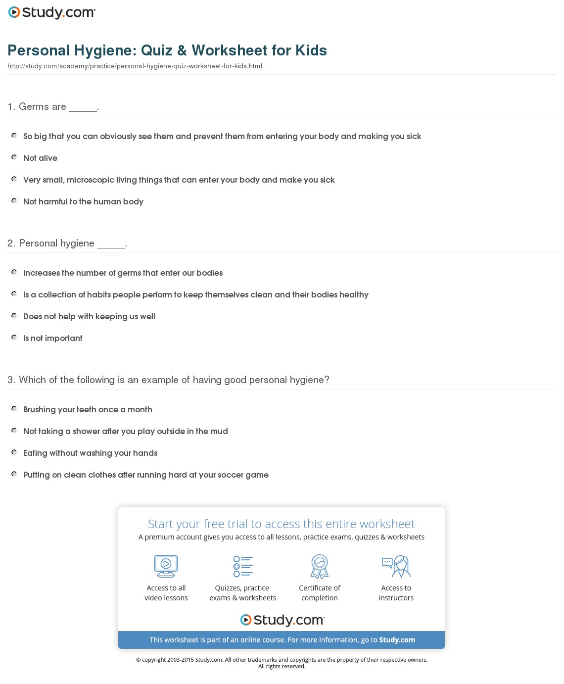 Personal Hygiene  Quiz & Worksheet For Kids