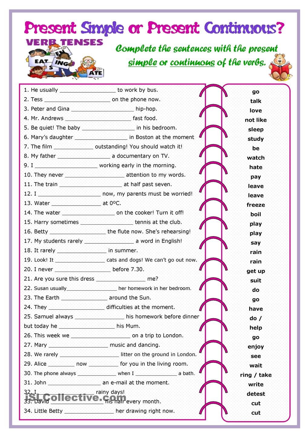 Present Simple Present Continuous Worksheets