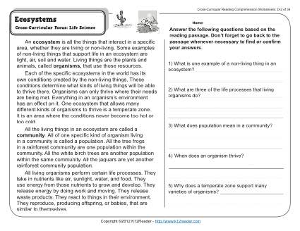 Reading Comprehension Worksheets On Ecosystems The Best Worksheets