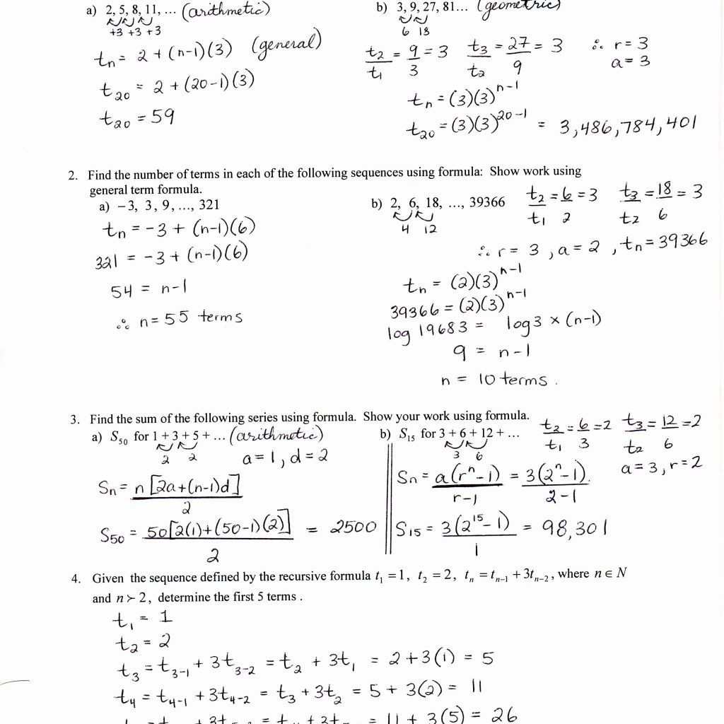 Sequences And Series Worksheet Answers