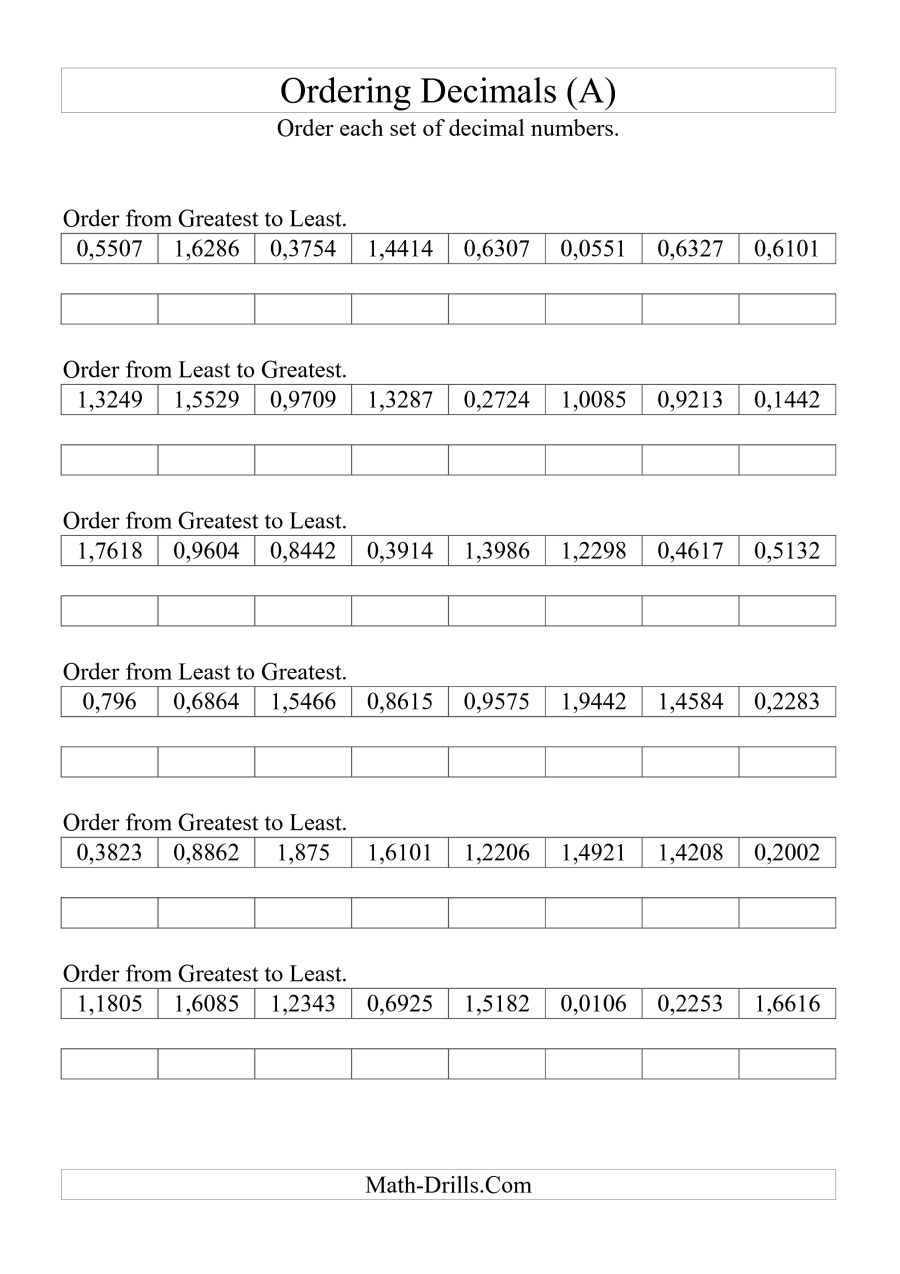 Sorting Ordering Decimals To Ten Thousandths (a)