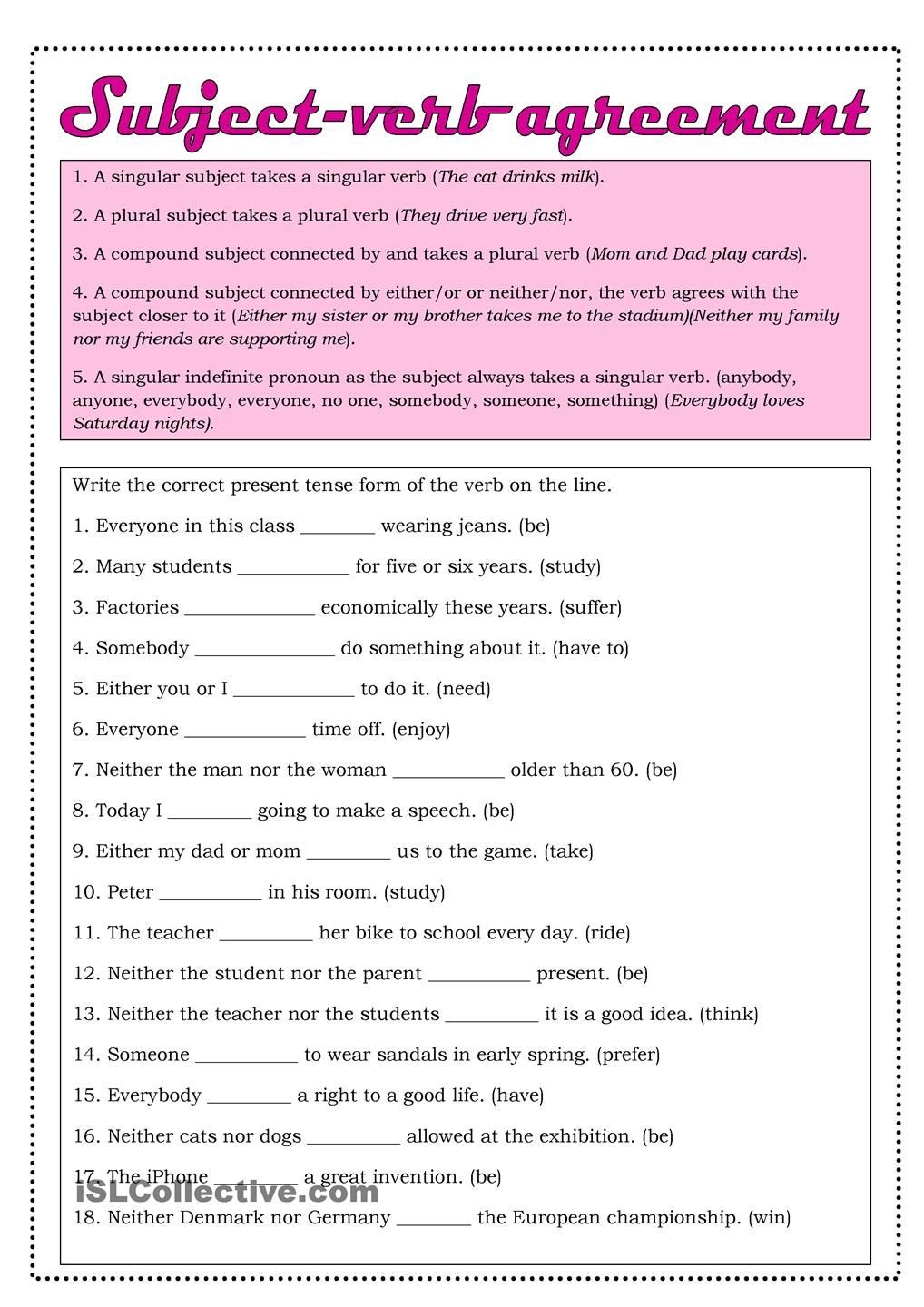 Subject Verb Agreement Exercises Unique Subject Verb Agreement