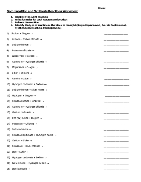 Synthesis Reactions Worksheet The Best Worksheets Image Collection
