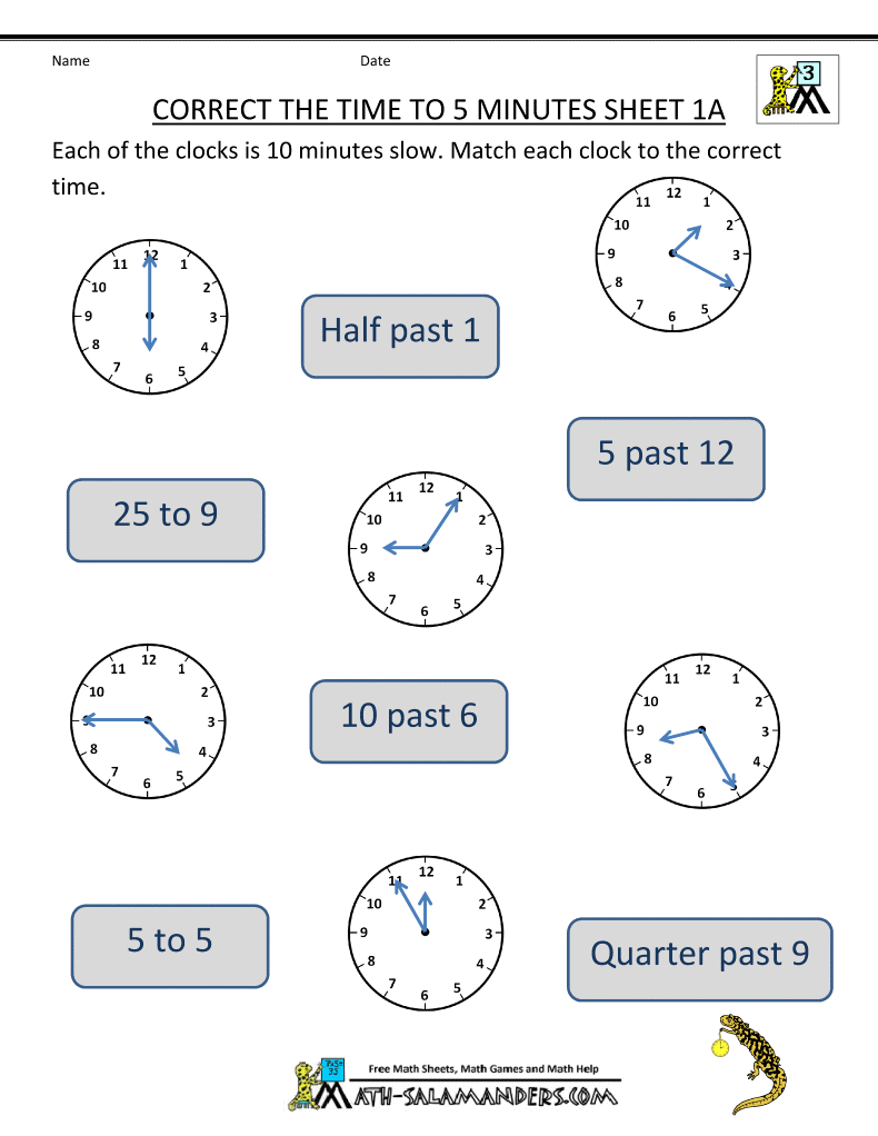 Telling Time Clock Worksheets To 5 Minutes