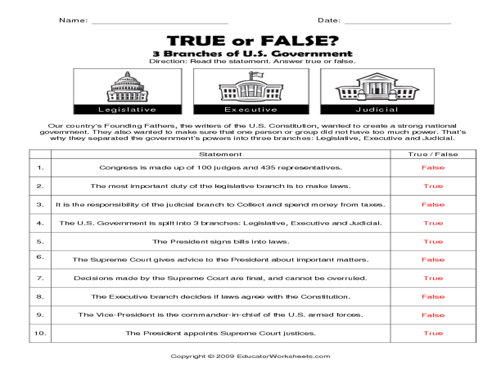 Three Branches Of Government Worksheet Answers Worksheets For All