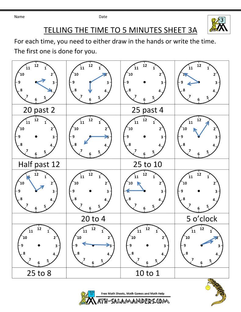 Time To 5 Minutes Worksheets